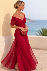 Clara | Damen Elegantes Cocktailkleid Maxi V-Ausschnitt Chiffon Festkleid in Leidenschaftliches Rot
