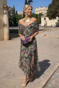 Clara | Damen Elegantes Cocktailkleid Maxi V-Ausschnitt Chiffon Festkleid in Blumenstrauß