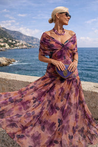 Clara | Damen Elegantes Cocktailkleid Maxi V-Ausschnitt Chiffon Festkleid in Verzauberter Garten