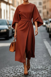 Hannah | Damen Elegantes Cocktailkleid mit Laternenärmeln Taillengürtel Midi in Rust Brown