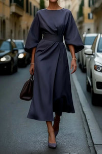 Hannah | Damen Elegantes Cocktailkleid mit Laternenärmeln Taillengürtel Midi in Navy Blue