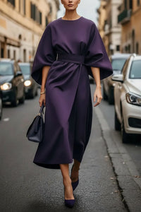 Hannah | Damen Elegantes Cocktailkleid mit Laternenärmeln Taillengürtel Midi in Purple