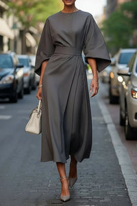 Hannah | Damen Elegantes Cocktailkleid mit Laternenärmeln Taillengürtel Midi in Gray