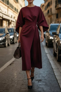 Hannah | Damen Elegantes Cocktailkleid mit Laternenärmeln Taillengürtel Midi in Burgundy