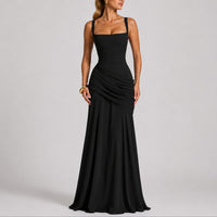 Johanna | Damen Elegantes Gerafftes Maxi Hochzeitskleid Abendkleid Quadratausschnitt in Schwarz