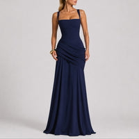 Johanna | Damen Elegantes Gerafftes Maxi Hochzeitskleid Abendkleid Quadratausschnitt in Marineblau