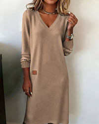 Mia | Damen Elegantes Langarm Midi-Kleid V-Ausschnitt Festliche Kleider in Braun