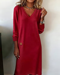 Mia | Damen Elegantes Langarm Midi-Kleid V-Ausschnitt Festliche Kleider in Rot