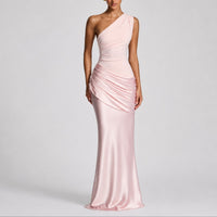 Hannah | Damen Elegantes One-Shoulder Satin-Maxikleid für Hochzeitsgäste im Herbst in Rosa