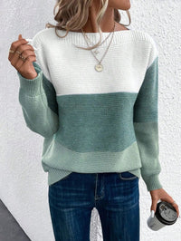 Frieda | Damen Farbblock Strickpullover Rundhals Relaxed Fit Langarm in Grün