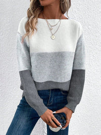 Frieda | Damen Farbblock Strickpullover Rundhals Relaxed Fit Langarm in Grau