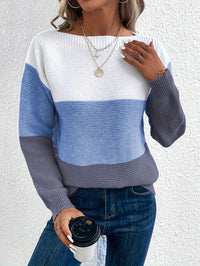 Frieda | Damen Farbblock Strickpullover Rundhals Relaxed Fit Langarm in Blau