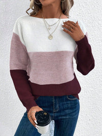 Frieda | Damen Farbblock Strickpullover Rundhals Relaxed Fit Langarm in Burgunder