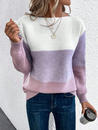 Frieda | Damen Farbblock Strickpullover Rundhals Relaxed Fit Langarm in Lila