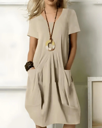 Damen Festliches Sommerkleid mit Taschen | Midi Kleid in Beige