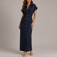 Sophie | Damen Figurbetontes Maxi-Hemdblusenkleid für Herbst-Hochzeitsgäste in Marineblau