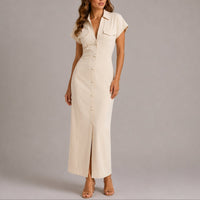 Sophie | Damen Figurbetontes Maxi-Hemdblusenkleid für Herbst-Hochzeitsgäste in Beige