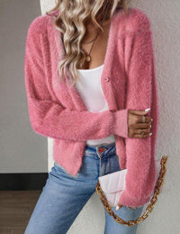 Marie | Damen Flauschiger V-Ausschnitt Strickjacke Cardigan mit Knopfleiste in Rosa