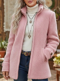 Elfriede | Damen Fleece Women Coat Stehkragen Reißverschluss Lammwoll-Optik in Rosa