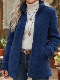 Elfriede | Damen Fleece Women Coat Stehkragen Reißverschluss Lammwoll-Optik in Blau