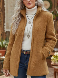 Elfriede | Damen Fleece Women Coat Stehkragen Reißverschluss Lammwoll-Optik in Camel