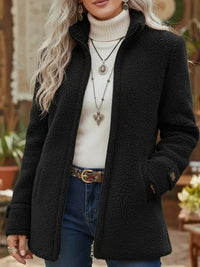 Elfriede | Damen Fleece Women Coat Stehkragen Reißverschluss Lammwoll-Optik in Schwarz