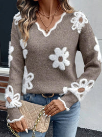 Lena | Damen Floral V-Ausschnitt Knit Sweater mit Gänseblümchen-Muster in Khaki