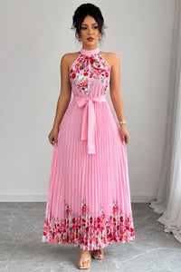 Emilia | Damen Geblümtes Plissee-Neckholder Midi-Kleid in Rosa