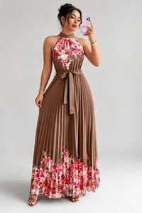 Emilia | Damen Geblümtes Plissee-Neckholder Midi-Kleid in Kaffeebraun