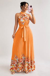 Emilia | Damen Geblümtes Plissee-Neckholder Midi-Kleid in Orange