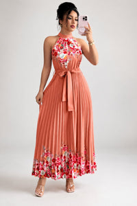 Emilia | Damen Geblümtes Plissee-Neckholder Midi-Kleid in Wassermelonenrot