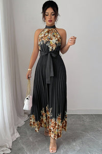 Emilia | Damen Geblümtes Plissee-Neckholder Midi-Kleid in Schwarz-Bottom-Kaffeeblüte
