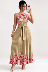 Emilia | Damen Geblümtes Plissee-Neckholder Midi-Kleid in Khaki