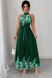 Emilia | Damen Geblümtes Plissee-Neckholder Midi-Kleid in Dunkelgrün