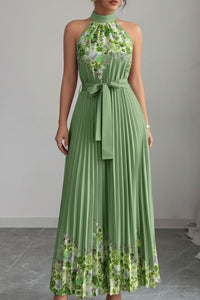 Emilia | Damen Geblümtes Plissee-Neckholder Midi-Kleid in Armeegrünes Unterteil mit gelber Blume