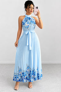 Emilia | Damen Geblümtes Plissee-Neckholder Midi-Kleid in Blau