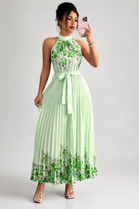 Emilia | Damen Geblümtes Plissee-Neckholder Midi-Kleid in Grün