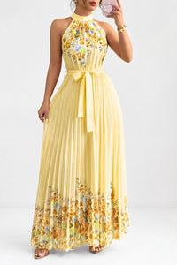 Emilia | Damen Geblümtes Plissee-Neckholder Midi-Kleid in Gelb