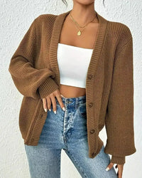 Damen Gerippte Strickjacke mit V-Ausschnitt Knopfverschluss und Ballonärmeln in Camel