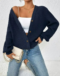 Damen Gerippte Strickjacke mit V-Ausschnitt Knopfverschluss und Ballonärmeln in Marineblau