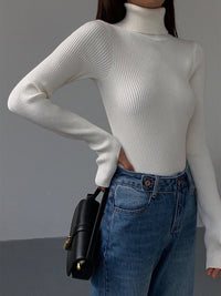 Marie | Damen Gerippter Rollkragen Strick Sweater in Weiß