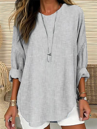 Charlotte | Damen Gestreifte Langarm-Bluse mit Rundhalsausschnitt Casual in Grau