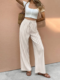 Lena | Damen Gestreifte Wide Leg Pants Leinenhose Elastischer Kordelzugbund in Aprikose