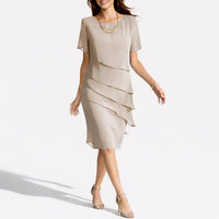 Frieda | Damen Herbst Hochzeitsgast Kleid Layered Midi Kurzarm in Beige