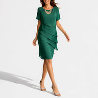 Frieda | Damen Herbst Hochzeitsgast Kleid Layered Midi Kurzarm in Grün