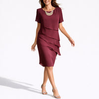 Frieda | Damen Herbst Hochzeitsgast Kleid Layered Midi Kurzarm in Rot