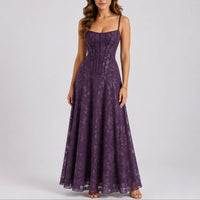 Marlene | Damen Herbst Hochzeitsgast Maxi Kleid Blumen Korsett Träger in Lila