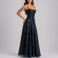 Marlene | Damen Herbst Hochzeitsgast Maxi Kleid Blumen Korsett Träger in Marineblau