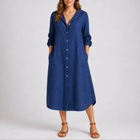 Charlotte | Damen Herbst Hochzeitskleid Langarm Hemdblusenkleid Midi Knopfleiste in Blau