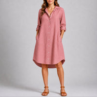 Charlotte | Damen Herbst Hochzeitskleid Langarm Hemdblusenkleid Midi Knopfleiste in Rosa